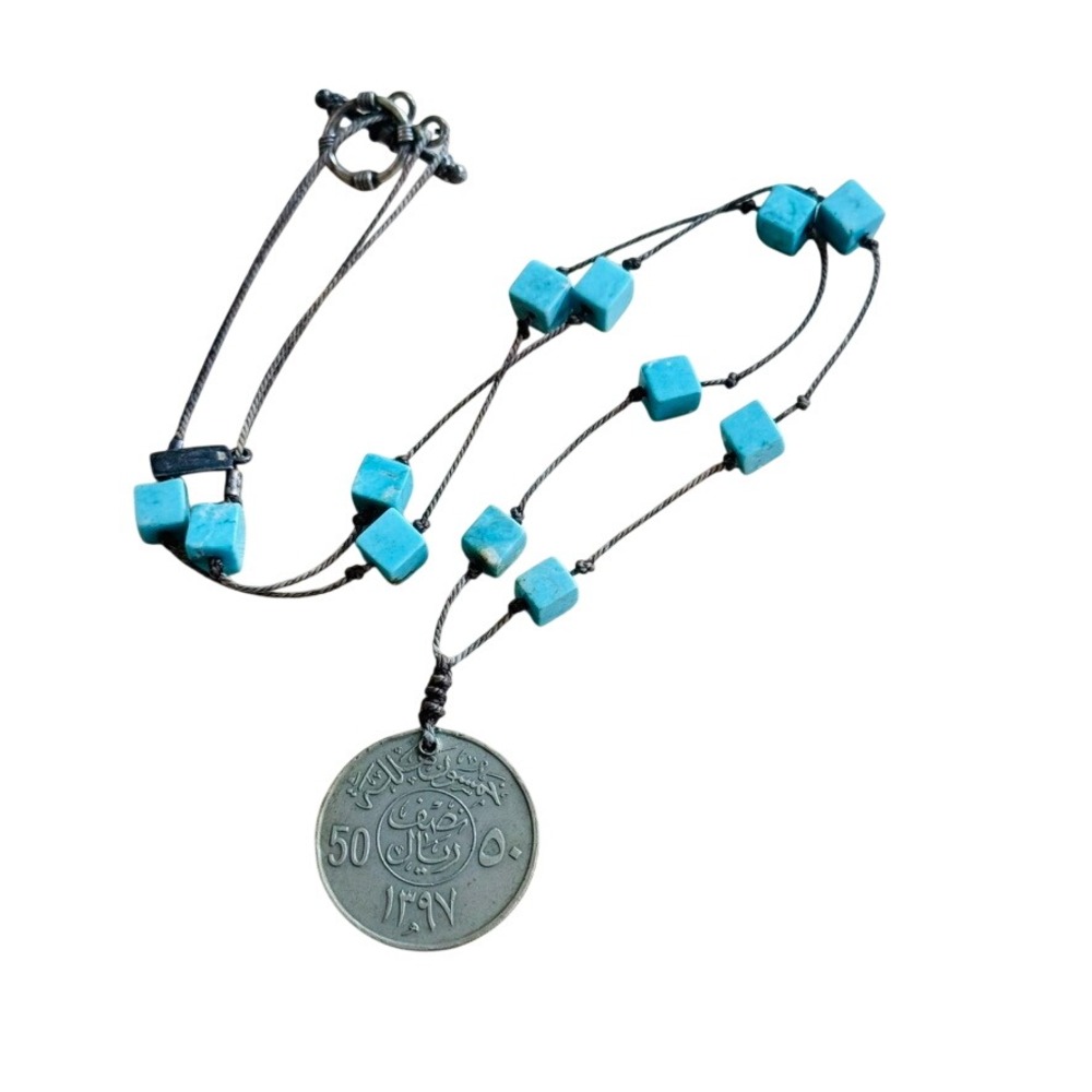 Paula Carvalho‎ Turquoise Coin Necklace BOHO Artisan Mod Boho Rare OOAK 16"